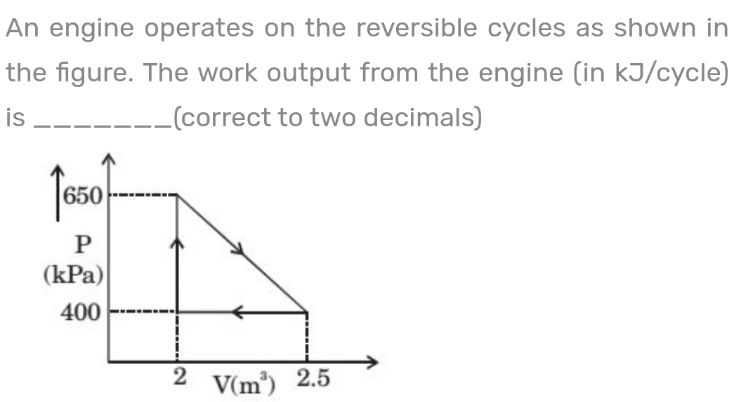 An engine operates on the reversible cycles as shown in
the figure. The work output from the engine (in kJ/cycle)
is
_(correct to two decimals)
650
P
(kPa)
400
2
V(m) 2.5
