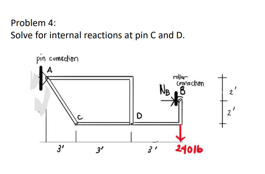 Problem 4:
Solve for internal reactions at pin C and D.
pin connection
A
roller
Connachion
NB B
2'
2'
D
3'
3'
3'
24016
