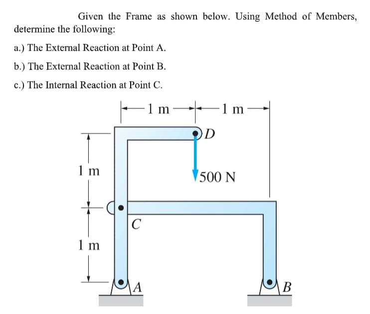 Given the Frame as shown below. Using Method of Members,
determine the following:
a.) The External Reaction at Point A.
b.) The External Reaction at Point B.
c.) The Internal Reaction at Point C.
1 m
1 m-
1 m
500 N
C
1 m
A
В
