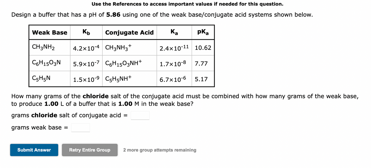 Use the References to access important values if needed for this question.
Design a buffer that has a pH of 5.86 using one of the weak base/conjugate acid systems shown below.
Weak Base
CH3NH2
C6H1503N
C5H5N
Kb
4.2x10-4 CH3NH3+
5.9x10-7 C6H1503NH+
1.5×10-9 C5H5NH*
Submit Answer
Conjugate Acid
How many grams of the chloride salt of the conjugate acid must be combined with how many grams of the weak base,
to produce 1.00 L of a buffer that is 1.00 M in the weak base?
grams chloride salt of conjugate acid
grams weak base =
Ka
pka
2.4x10-11 10.62
1.7x10-8 7.77
6.7x10-6 5.17
=
Retry Entire Group 2 more group attempts remaining