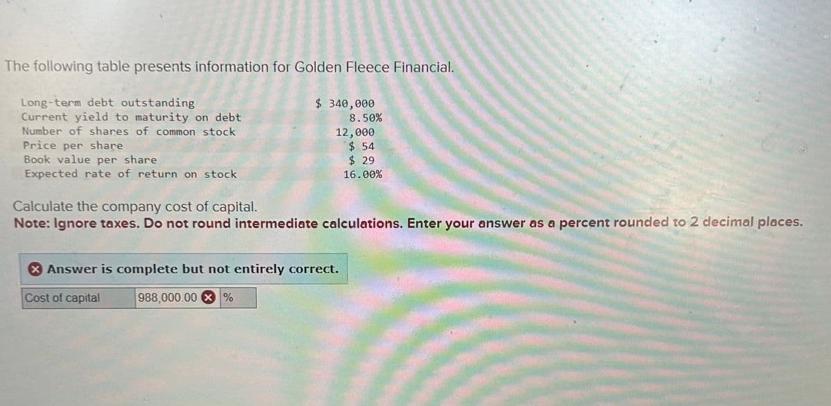 The following table presents information for Golden Fleece Financial.
Long-term debt outstanding
Current yield to maturity on debt
Number of shares of common stock
Price per share
Book value per share
Expected rate of return on stock
$ 340,000
8.50%
12,000
$54
$ 29
16.00%
Calculate the company cost of capital.
Note: Ignore taxes. Do not round intermediate calculations. Enter your answer as a percent rounded to 2 decimal places.
X Answer is complete but not entirely correct.
Cost of capital
988,000.00 %