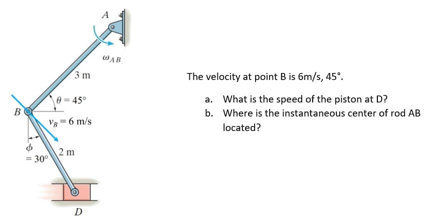 B
A
@AB
3 m
0 = 45°
VB = 6 m/s
2 m
= 30°
D
The velocity at point B is 6m/s, 45°.
What is the speed of the piston at D?
b. Where is the instantaneous center of rod AB
located?