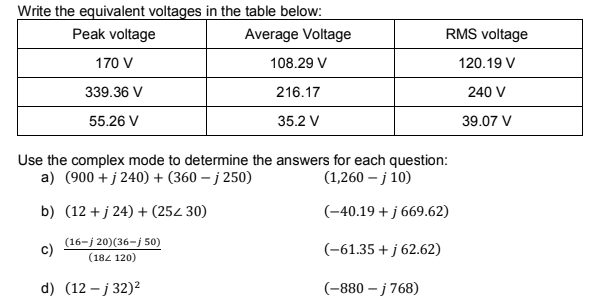 Write the equivalent voltages in the table below:
Peak voltage
Average Voltage
170 V
108.29 V
339.36 V
55.26 V
c)
216.17
35.2 V
Use the complex mode to determine the answers for each question:
a) (900 +j240) + (360 -j 250)
(1,260 -j 10)
b) (12+j24) + (25< 30)
(-40.19 + j 669.62)
(16-j 20)(36-j 50)
(182 120)
(-61.35+j62.62)
d) (12-j 32)²
RMS voltage
120.19 V
(-880-j 768)
240 V
39.07 V