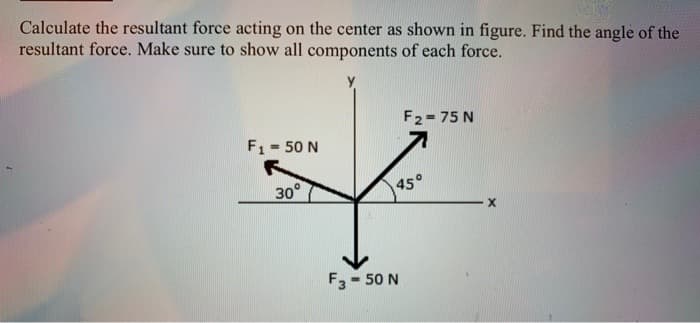 Calculate the resultant force acting on the center as shown in figure. Find the angle of the
resultant force. Make sure to show all components of each force.
F2- 75 N
F1= 50 N
%3D
30°
45°
F3 - 50 N
