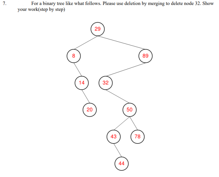 7.
For a binary tree like what follows. Please use deletion by merging to delete node 32. Show
your work(step by step)
29
89
14
32
20
50
43
78
44
