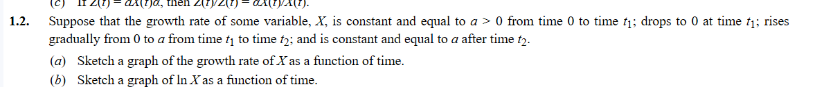 1.2.
(c) II 2(1) ax()d, then 2(7)
ax(1)/X(t).
Suppose that the growth rate of some variable, X, is constant and equal to a > 0 from time 0 to time t₁; drops to 0 at time t₁; rises
gradually from 0 to a from time t₁ to time t2; and is constant and equal to a after time 12.
(a) Sketch a graph of the growth rate of X as a function of time.
(b) Sketch a graph of In X as a function of time.