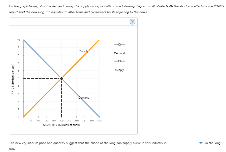 On the graph below, shift the demand curve, the supply curve, or both on the following diagram to illustrate both the short-run effects of the PHAC's
report and the new long-run equilibrium after firms and consumers finish adjusting to the news.
10
Supply
Demand
7
Supply
4
3
Demand
1
40
80
120
160 200
240
280
320
360
400
QUANTITY (Millions of cans)
The new equilibrium price and quantity suggest that the shape of the long-run supply curve in this industry is
in the long
run.
PRICE (Dollars per can)
