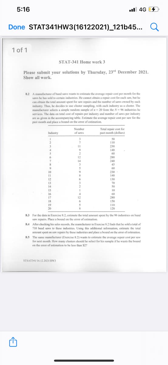 5:16
ull 4G
Done STAT341HW3(16122021)_121b45...
1 of 1
STAT-341 Home work 3
Please submit your solutions by Thursday, 23rd December 2021.
Show all work.
8.2 A manufacturer of band saws wants to estimate the average repair cost per month for the
saws he has sold to certain industries. He cannot obtain a repair cost for each saw, but he
can obtain the total amount spet for saw repairs and the number of saws owned by each
industry. Thus, he decides to use cluster sampling, with each industry as a cluster. The
manufacturer selects a simple random sample of n= 20 from the N= 96 industries he
services. The data on total cost of repairs per industry and number of saws per industry
are as given in the accompanying table. Estimate the average repair cost per saw for the
past month and place a bound on the error of estimation.
Number
Total repair cost for
past month (dollars)
Industry
of saws
3.
50
110
3
11
230
140
2
60
12
280
240
45
14
3
60
10
230
11
12
140
130
13
3.
70
14
50
15
10
16
4
60
17
12
280
150
18
19
20
110
120
8.3 For the data in Exercise 8.2, estimate the total amount spent by the 96 industries on band
saw repairs. Place a bound on the error of estimation.
After checking his sales records, the manufacturer in Exercise 8.2 finds that he sold a total of
710 band saws to these industries. Using this additional information, estimate the total
amount spent on saw repairs by these industries and place a bound on the error of estimation.
8.4
8.5 The same manufacturer (Exercise 8.2) wants to estimate the average repair cost per saw
for next month. How many clusters should he select for his sample if he wants the bound
on the error of estimation to be less than $2?
STSAT341/16.12.2021/HW3
