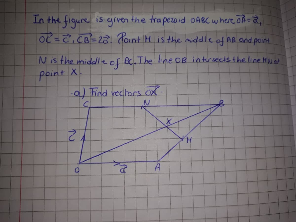 In the fiqure is given the trapezoid OABC where OA=&,
OT2 CB= 2a Toint M isthe middle of AB and point
Nis the middleof BC. The line OB intr seets theline HNat
point X.
9) Find rectors OX
C.
2.
A
