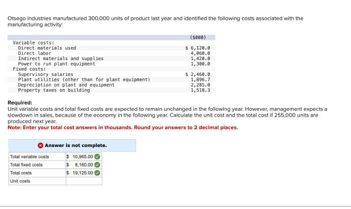 Otsego Industries manufactured 300,000 units of product last year and identified the following costs associated with the
manufacturing activity:
Variable costs:
Direct materials used
Direct labor
Indirect materials and supplies
Power to run plant equipment
Fixed costs:
Supervisory salaries
Plant utilities (other than for plant equipment)
Depreciation on plant and equipment
Property taxes on building
Answer is not complete.
$ 10,965.00
$ 8,160.00
$ 19,125.00
($000)
$ 6,120.0
4,060.0
1,420.0
1,300.0
Required:
Unit variable costs and total fixed costs are expected to remain unchanged in the following year. However, management expects a
slowdown in sales, because of the economy in the following year. Calculate the unit cost and the total cost if 255,000 units are
produced next year.
Note: Enter your total cost answers in thousands. Round your answers to 2 decimal places.
Total variable costs
Total fixed costs
Total costs
Unit costs
$ 2,460.0
1,896.7
2,285.0
1,518.3