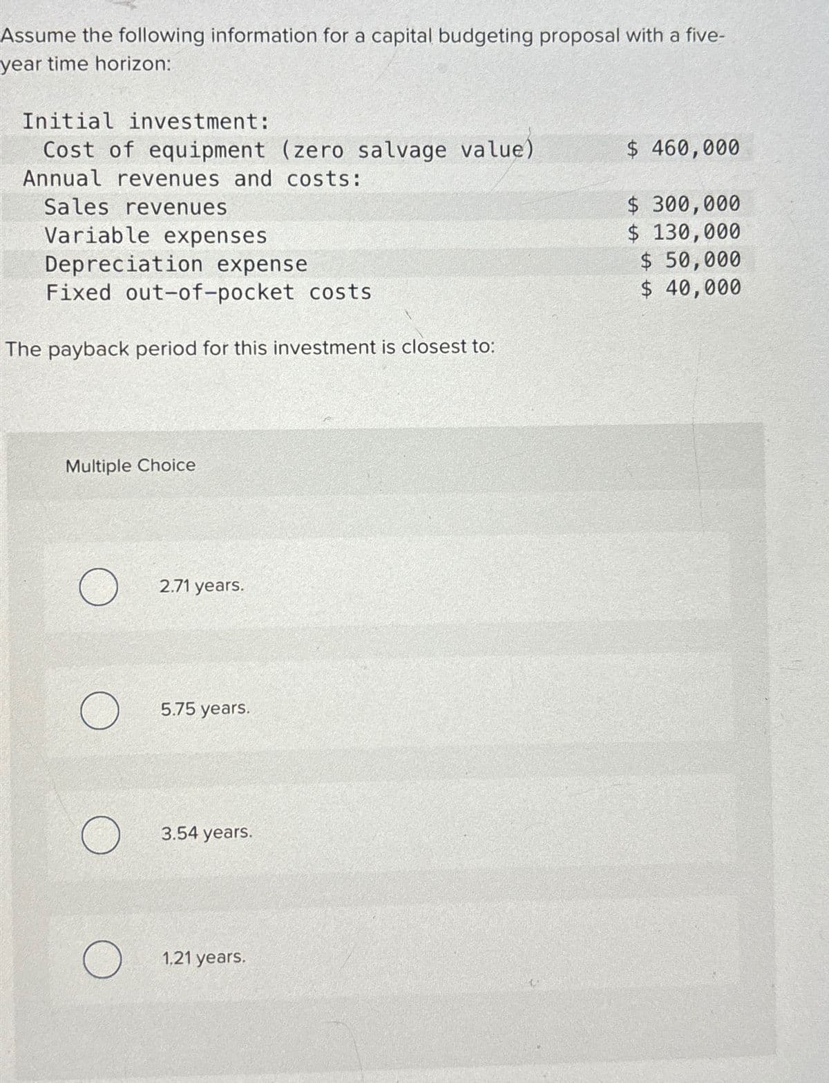 Assume the following information for a capital budgeting proposal with a five-
year time horizon:
Initial investment:
Cost of equipment (zero salvage value)
Annual revenues and costs:
Sales revenues
Variable expenses
Depreciation expense
Fixed out-of-pocket costs
The payback period for this investment is closest to:
Multiple Choice
O
O
2.71 years.
5.75 years.
3.54 years.
1.21 years.
$ 460,000
$ 300,000
$ 130,000
$ 50,000
$ 40,000