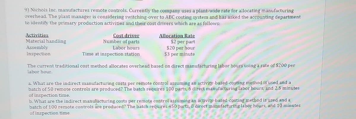 9) Nichols Inc. manufactures remote controls. Currently the company uses a plant-wide rate for allocating manufacturing
overhead. The plant manager is considering switching-over to ABC costing system and has asked the accounting department
to identify the primary production activities and their cost drivers which are as follows:
Activities
Material handling
Assembly
Inspection
Cost driver
Number of parts
Labor hours
Time at inspection station
Allocation Rate
$2 per part
$20 per hour
$3 per minute
The current traditional cost method allocates overhead based on direct manufacturing labor hours using a rate of $200 per
labor hour.
T
a. What are the indirect manufacturing costs per remote control assuming an activity-based-costing method is used and a
batch of 50 remote controls are produced? The batch requires 100 parts, 6 direct manufacturing labor hours, and 2.5 minutes
of inspection time.
b. What are the indirect manufacturing costs per remote control assuming an activity-based-costing method is used and a
batch of 100 remote controls are produced? The batch requires 450 parts, 8 direct manufacturing labor hours, and 10 minutes
of inspection time.