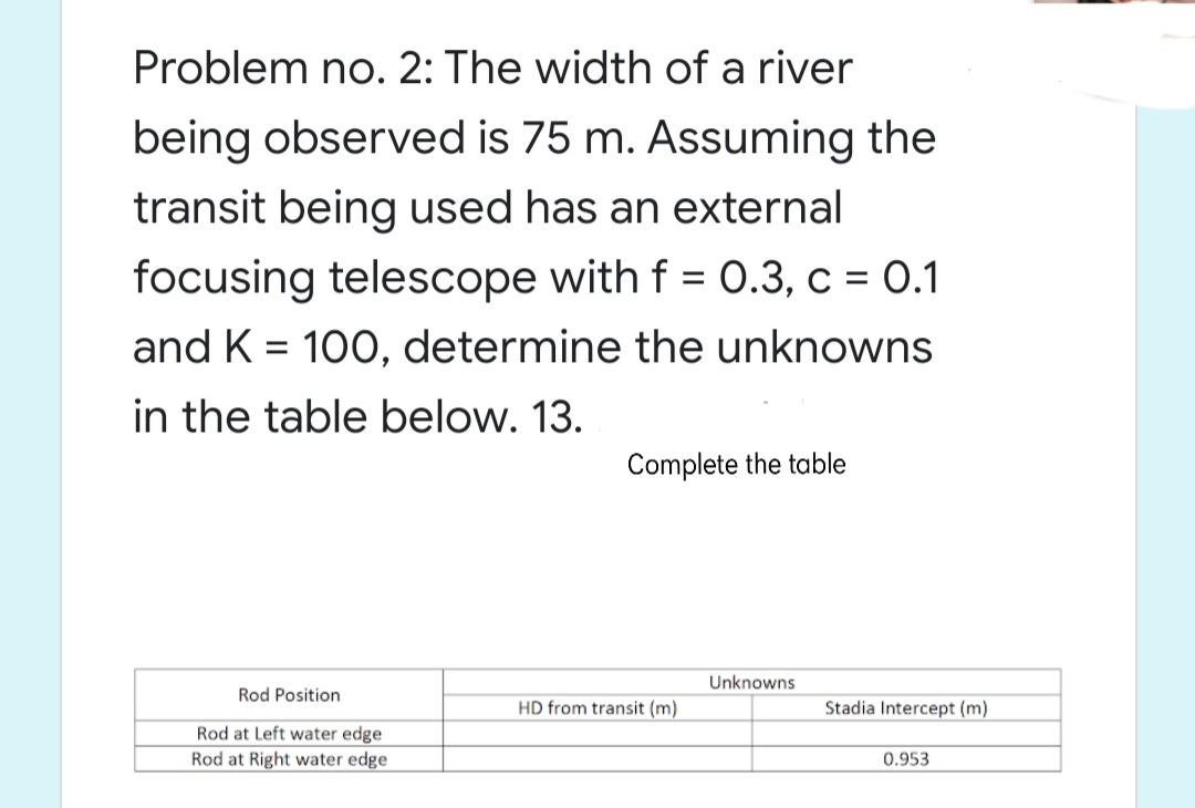 Problem no. 2: The width of a river
being observed is 75 m. Assuming the
transit being used has an external
focusing telescope with f = 0.3, c = 0.1
and K = 100, determine the unknowns
in the table below. 13.
Complete the table
Unknowns
Rod Position
HD from transit (m)
Stadia Intercept (m)
Rod at Left water edge
Rod at Right water edge
0.953
