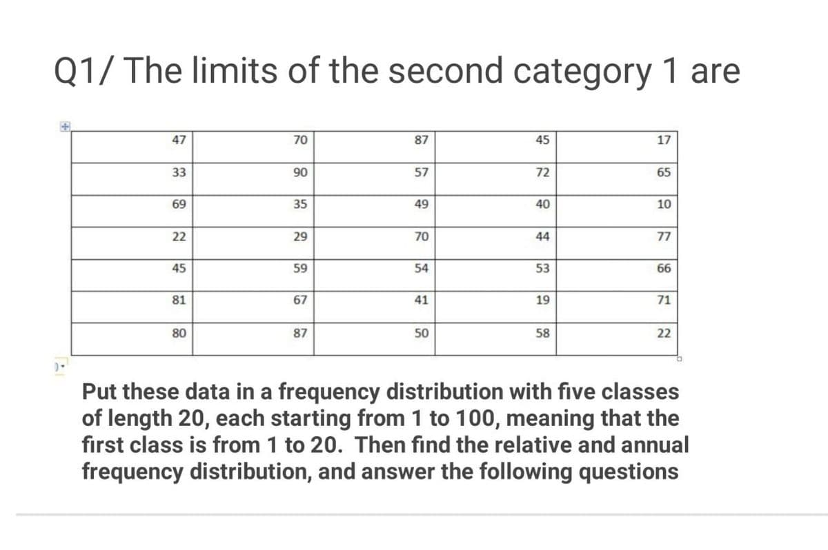 Q1/ The limits of the second category 1 are
47
70
87
45
17
33
90
57
72
65
69
35
49
40
10
22
29
70
44
77
45
59
54
53
66
81
67
41
19
71
80
87
50
58
22
Put these data in a frequency distribution with five classes
of length 20, each starting from 1 to 100, meaning that the
fırst class is from 1 to 20. Then find the relative and annual
frequency distribution, and answer the following questions
