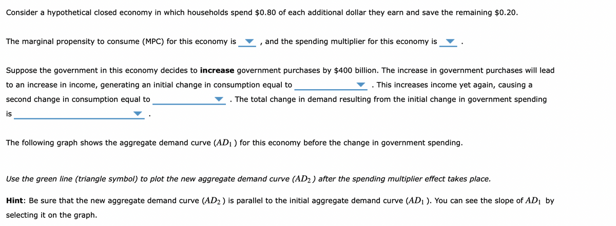 Consider a hypothetical closed economy in which households spend $0.80 of each additional dollar they earn and save the remaining $0.20.
The marginal propensity to consume (MPC) for this economy is
Suppose the government in this economy decides to increase government purchases by $400 billion. The increase in government purchases will lead
to an increase in income, generating an initial change in consumption equal to
This increases income yet again, causing a
second change in consumption equal to
The total change in demand resulting from the initial change in government spending
is
and the spending multiplier for this economy is
.
The following graph shows the aggregate demand curve (AD₁ ) for this economy before the change in government spending.
Use the green line (triangle symbol) to plot the new aggregate demand curve (AD2) after the spending multiplier effect takes place.
Hint: Be sure that the new aggregate demand curve (AD2) is parallel to the initial aggregate demand curve (AD1 ). You can see the slope of AD₁ by
selecting it on the graph.