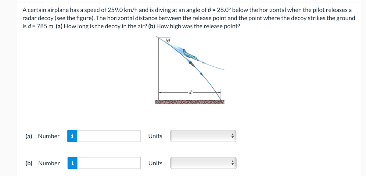 A certain airplane has a speed of 259.0 km/h and is diving at an angle of 0 = 28.0° below the horizontal when the pilot releases a
radar decoy (see the figure). The horizontal distance between the release point and the point where the decoy strikes the ground
is d = 785 m. (a) How long is the decoy in the air? (b) How high was the release point?
(a) Number
i
Units
(b) Number
i
Units
