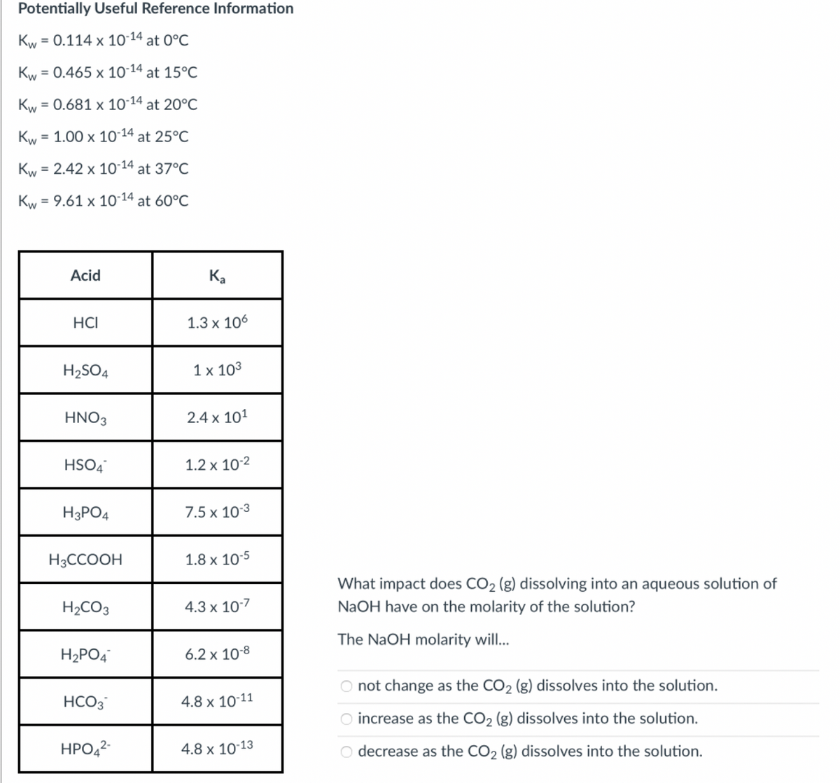 Potentially Useful Reference Information
Kw = 0.114 x 10-14 at 0°C
Kw
= 0.465 x 10-14 at 15°C
= 0.681 x 10-14 at 20°C
Kw :
= 1.00 x 10-14 at 25°C
Kw = 2.42 x 10-14 at 37°C
Kw = 9.61 x 10-14 at 60°C
Acid
Ka
HCI
1.3 x 106
H2SO4
1 x 103
HNO3
2.4 x 101
HSO4
1.2 x 10-2
H3PO4
7.5 x 103
H3CCOOH
1.8 x 10-5
What impact does CO2 (g) dissolving into an aqueous solution of
H2CO3
4.3 x 10-7
NaOH have on the molarity of the solution?
The NaOH molarity will..
H2PO4
6.2 x 10-8
O not change as the CO2 (g) dissolves into the solution.
HCO3
4.8 x 10-11
O increase as the CO2 (g) dissolves into the solution.
HPO,2-
4.8 x 10-13
O decrease as the CO2 (g) dissolves into the solution.
