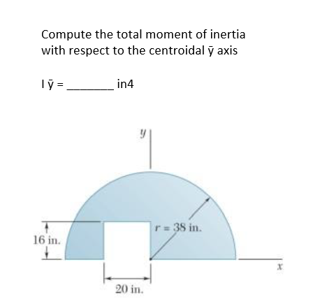 Compute the total moment of inertia
with respect to the centroidal ỹ axis
Tỹ =
in4
r= 38 in.
16 in.
20 in.
