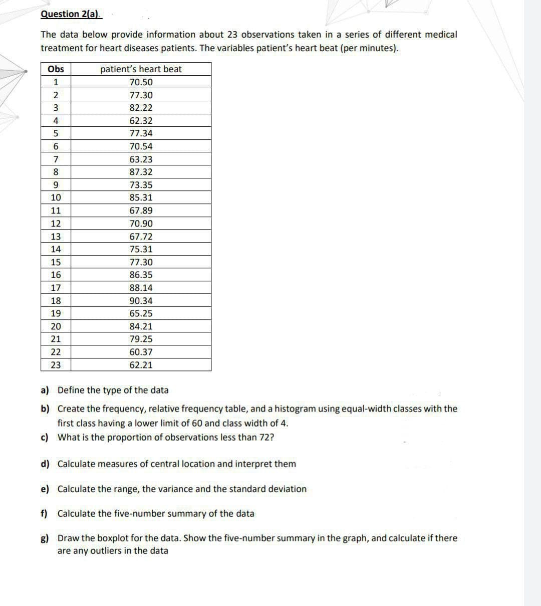 Question 2(a). 20
The data below provide information about 23 observations taken in a series of different medical
treatment for heart diseases patients. The variables patient's heart beat (per minutes).
Obs
1
2
3
4
5
6
7
8
9
10
11
12
MASKIBSGEN
13
14
15
16
17
18
19
20
21
22
23
patient's heart beat
70.50
77.30
82.22
62.32
77.34
70.54
63.23
87.32
73.35
85.31
67.89
70.90
67.72
75.31
77.30
86.35
88.14
90.34
65.25
84.21
79.25
60.37
62.21
a) Define the type of the data
b) Create the frequency, relative frequency table, and a histogram using equal-width classes with the
first class having a lower limit of 60 and class width of 4.
c) What is the proportion of observations less than 72?
d) Calculate measures of central location and interpret them
e) Calculate the range, the variance and the standard deviation
f) Calculate the five-number summary of the data
g)
Draw the boxplot for the data. Show the five-number summary in the graph, and calculate if there
are any outliers in the data