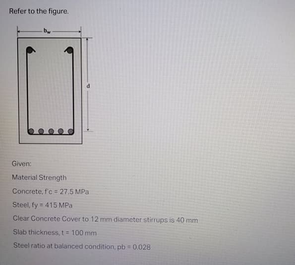 Refer to the figure.
bw
Given:
Material Strength
Concrete, f'c = 27.5 MPa
Steel, fy = 415 MPa
Clear Concrete Cover to 12 mm diameter stirrups is 40 mm
Slab thickness, t = 100 mm
Steel ratio at balanced condition, pb = 0.028
