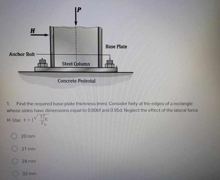 H
Base Plate
Anchor Bolt
Steel Column
Concrete Pedestal
1.
Find the required base plate thickness (mm). Consider fixity at the edges of a rectangle
whose sides have dimensions equal to 0.80bf and 0.95d. Neglect the effect of the lateral force
H. Use t=1V
20 mm
O 21 mm
28 mm
32 mm
