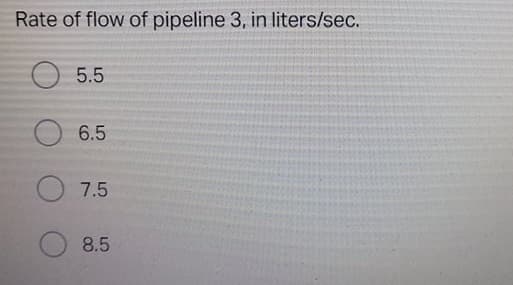 Rate of flow of pipeline 3, in liters/sec.
5.5
6.5
7.5
8.5
