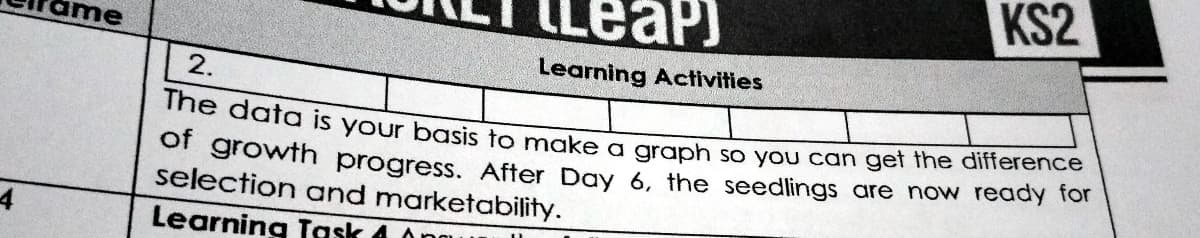 PJ
KS2
The data is your basis to make a graph so you can get the difference
me
Learning Activities
2.
or growth progress. After Day 6, the seedlings are now ready for
selection and marketability.
4
Learning Task 4
