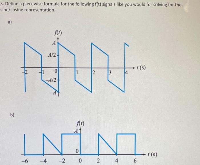 3. Define a piecewise formula for the following f(t) signals like you would for solving for the
sine/cosine representation.
a)
A
A/2
t (s)
4
1
-A/2
b)
INÍNI
A)
At
t (s)
-6
-4
-2
2
4
2.
