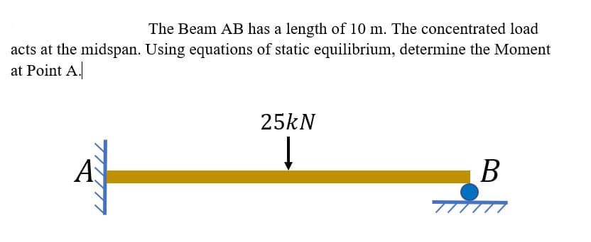 The Beam AB has a length of 10 m. The concentrated load
acts at the midspan. Using equations of static equilibrium, determine the Moment
at Point A.
25kN
A
В
