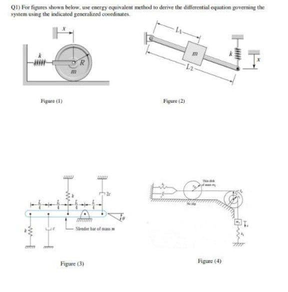 QI) For figures shown below, use energy equivalent method to derive the differential equation governing the
system using the indicated generalized coordinates.
R
m
Figure (1)
Figure (2)
Slender bar of mas
Figure (3)
Figure (4)
