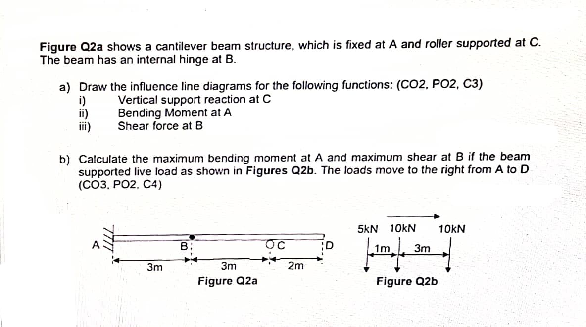 Figure Q2a shows a cantilever beam structure, which is fixed at A and roller supported at C.
The beam has an internal hinge at B.
a) Draw the influence line diagrams for the following functions: (CO2, PO2, C3)
i)
Vertical support reaction at C
Bending Moment at A
Shear force at B
b) Calculate the maximum bending moment at A and maximum shear at B if the beam
supported live load as shown in Figures Q2b. The loads move to the right from A to D
(CO3, PO2, C4)
3m
B:
3m
Figure Q2a
C
2m
D
5kN 10kN 10KN
| 1m 3m
Figure Q2b