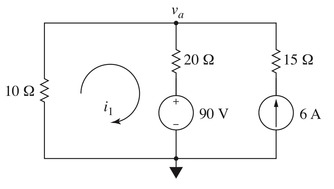 10 Ω
M
Va
Μ
+
20 Ω
90 V
{15 Ω
Φ
6A