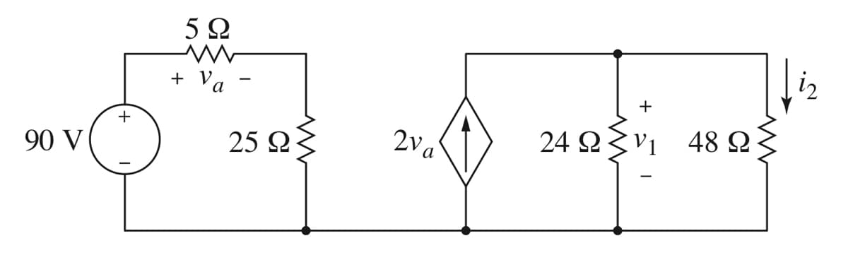 90 V
+
59
+ Va
25 Ω3
20 α
+
24 ΩΣV, 48 Ω
ἰς