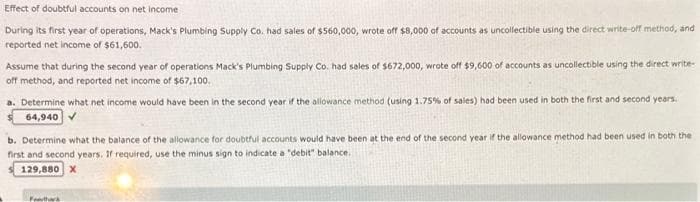 Effect of doubtful accounts on net income
During its first year of operations, Mack's Plumbing Supply Co. had sales of $560,000, wrote off $8,000 of accounts as uncollectible using the direct write-off method, and
reported net income of $61,600.
Assume that during the second year of operations Mack's Plumbing Supply Co. had sales of $672,000, wrote off $9,600 of accounts as uncollectible using the direct write-
off method, and reported net income of $67,100.
a. Determine what net income would have been in the second year if the allowance method (using 1.75% of sales) had been used in both the first and second years.
64,940
b. Determine what the balance of the allowance for doubtful accounts would have been at the end of the second year if the allowance method had been used in both the
first and second years. If required, use the minus sign to indicate a "debit" balance.
129,880 X
Foarthark