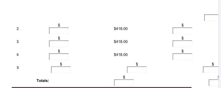 $
2
$418.00
$
$418.00
$
4
$418.00
Totals:
%24
%24
%24
