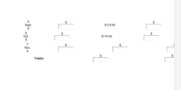 5
Sept.
8
24
$110.00
Oct.
8
$110.00
$
Nov.
8.
2$
Totals:
