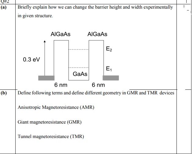 Q#2
(a)
Briefly explain how we can change the barrier height and width experimentally
in given structure.
AIGAAS
AIGAAS
E2
0.3 eV
E,
GaAs
6 nm
6 nm
Define following terms and define different geometry in GMR and TMR devices
(b)
| Anisotropic Magnetoresistance (AMR)
Giant magnetoresistance (GMR)
Tunnel magnetoresistance (TMR)
