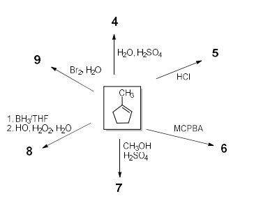 4
H20, HSO4
5
9.
Bra HO
HCI
1. ВН3 THF
2. HO, HO, H20
MCPBA
CH;OH
H2SO4
6
7
