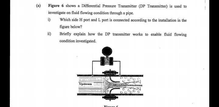 Figure 6 shows a Differential Pressure Transmitter (DP Transmitter) is used to
investigate on fluid flowing condition through a pipe.
i)
Which side H port and L port is connected according to the installation in the
figure below?
ii)
Briefly explain how the DP transmitter works to enable fluid flowing
condition investigated.
Upstream
EDownstream
Vimune 6
