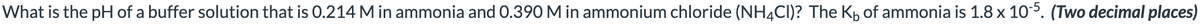 What is the pH of a buffer solution that is 0.214 M in ammonia and 0.390 M in ammonium chloride (NH4CI)? The Kü of ammonia is 1.8 x 10-5. (Two decimal places)