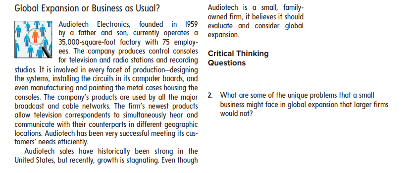 Audiotech is a small, family-
owned firm, it believes it should
Global Expansion or Business as Usual?
Audiotech Electronics, founded in 1959 evaluate and consider global
by a father and son, currently operates a expansion.
35,000-square-foot factory with 75 employ-
ees. The company produces control consoles Critical Thinking
for television and radio stations and recording Questions
studios. It is involved in every facet of production-designing
the systems, installing the circuits in its computer boards, and
even manufacturing and painting the metal cases housing the
consoles. The company's products are used by all the major 2. What are some of the unique problems that a small
broadcast and cable networks. The firm's newest products
allow television correspondents to simultaneously hear and
communicate with their counterparts in different geographic
locations. Audiotech has been very successful meeting its cus-
tomers' needs efficiently.
Audiotech sales have historically been strong in the
United States, but recently, growth is stagnating. Even though
business might face in global expansion that larger firms
would not?
