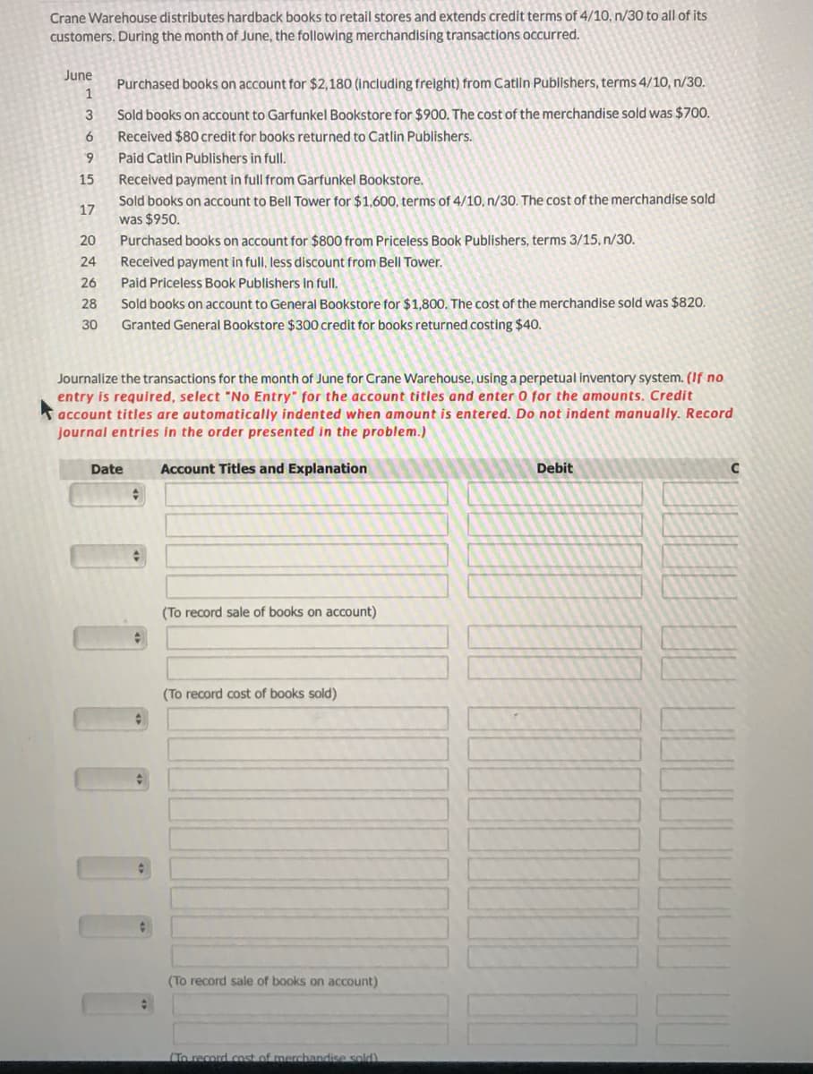 Crane Warehouse distributes hardback books to retail stores and extends credit terms of 4/10, n/30 to all of its
customers. During the month of June, the following merchandising transactions occurred.
June
Purchased books on account for $2,180 (including freight) from Catlin Publishers, terms 4/10, n/30.
3
Sold books on account to Garfunkel Bookstore for $900. The cost of the merchandise sold was $700.
6.
Received $80 credit for books returned to Catlin Publishers.
9.
Paid Catlin Publishers in full.
15
Received payment in full from Garfunkel Bookstore.
Sold books on account to Bell Tower for $1,600, terms of 4/10, n/30. The cost of the merchandise sold
17
was $950.
20
Purchased books on account for $800 from Priceless Book Publishers, terms 3/15, n/30.
24
Received payment in full, less discount from Bell Tower.
26
Paid Priceless Book Publishers in full.
28
Sold books on account to General Bookstore for $1,800. The cost of the merchandise sold was $820.
30
Granted General Bookstore $300 credit for books returned costing $40.
Journalize the transactions for the month of June for Crane Warehouse, using a perpetual inventory system. (If no
entry is required, select "No Entry" for the account titles and enter 0 for the amounts. Credit
account titles are automatically
journal entries in the order presented in the problem.)
nted when amount
ent
Do not indent manually. Record
Date
Account Titles and Explanation
Debit
(To record sale of books on account)
(To record cost of books sold)
(To record sale of books on account)
(To record cost of merchandise sold)
