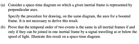 (a) Consider a space-time diagram on which a given inertial frame is represented by
perpendicular axes.
Specify the procedure for drawing, on the same diagram, the axes for a boosted
frame. It is not necessary to derive this result.
(b) Prove that the temporal order of two events is the same in all inertial frames if and
only if they can be joined in one inertial frame by a signal travelling at or below the
speed of light. Illustrate this result on a space-time diagram.
