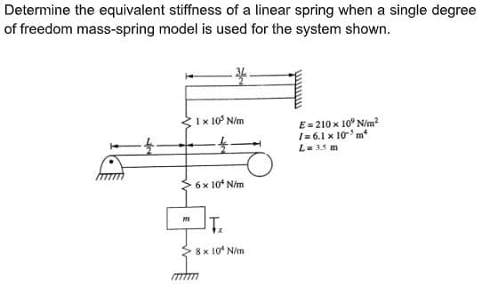 Determine the equivalent stiffness of a linear spring when a single degree
of freedom mass-spring model is used for the system shown.
1x 10 N/m
E= 210 x 10° N/m?
1- 6.1 x 10m
L= 35 m
6x 10 N/m
m
8 x 10 N/m
