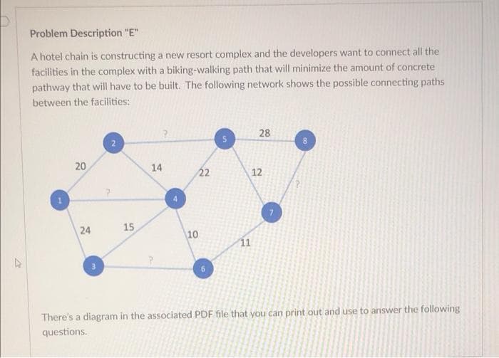 Problem Description "E"
A hotel chain is constructing a new resort complex and the developers want to connect all the
facilities in the complex with a biking-walking path that will minimize the amount of concrete
pathway that will have to be built. The following network shows the possible connecting paths
between the facilities:
28
2.
8.
20
14
22
12
15
10
11
There's a diagram in the associated PDF file that you can print out and use to answer the following
questions.
24
