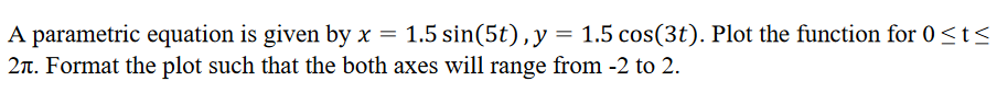 A parametric equation is given by x =
21. Format the plot such that the both axes will range from -2 to 2.
1.5 sin(5t), y = 1.5 cos(3t). Plot the function for 0 <t<
