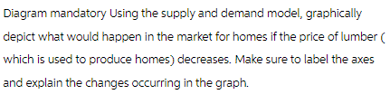 Diagram mandatory Using the supply and demand model, graphically
depict what would happen in the market for homes if the price of lumber (
which is used to produce homes) decreases. Make sure to label the axes
and explain the changes occurring in the graph.