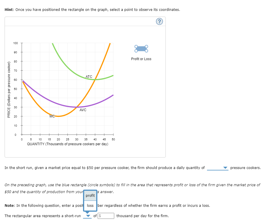 Hint: Once you have positioned the rectangle on the graph, select a point to observe its coordinates.
PRICE (Dollars per pressure cooker)
100
90
80
70
60
8
50
40
30
20
10
0
0
MC
5
ATC
AVC
10 15 20 25
30 35 40 45 50
QUANTITY (Thousands of pressure cookers per day)
Note: In the following question, enter a posit
The rectangular area represents a short-run
Profit or Loss
In the short run, given a market price equal to $50 per pressure cooker, the firm should produce a daily quantity of
(?)
On the preceding graph, use the blue rectangle (circle symbols) to fill in the area that represents profit or loss of the firm given the market price of
$50 and the quantity of production from your
s answer.
of $
profit
loss ber regardless of whether the firm earns a profit or incurs a loss.
thousand per day for the firm.
pressure cookers.