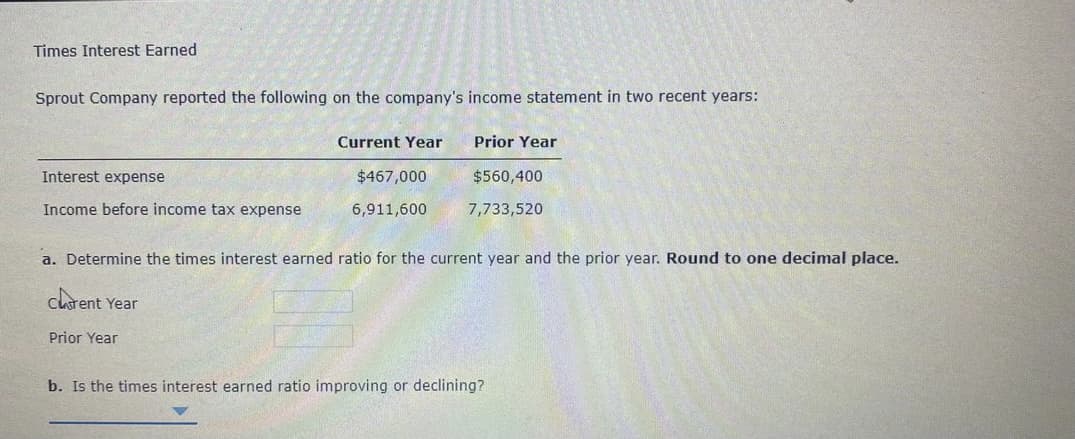 Times Interest Earned
Sprout Company reported the following on the company's income statement in two recent years:
Current Year
Prior Year
Interest expense
$467,000
$560,400
Income before income tax expense
6,911,600
7,733,520
a. Determine the times interest earned ratio for the current year and the prior year. Round to one decimal place.
cutent Year
Prior Year
b. Is the times interest earned ratio improving or declining?
