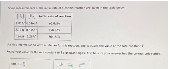 Some measurements of the initial rate of a certain reaction are given in the table below.
[N₂] [H₂] initial rate of reaction
1.86M 0.636M
62.0M/s
3.32M 0.636M
198. M/s
1.86M 2.29M
804. M/s
Use this information to write a rate law for this reaction, and calculate the value of the rate constant k.
Round your value for the rate constant to 3 significant digits. Also be sure your answer has the correct unit symbol.
rate=&
0.9
5